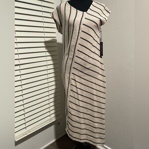 Tahari Linen Blend Asymmetrical Pieced Striped Dress
